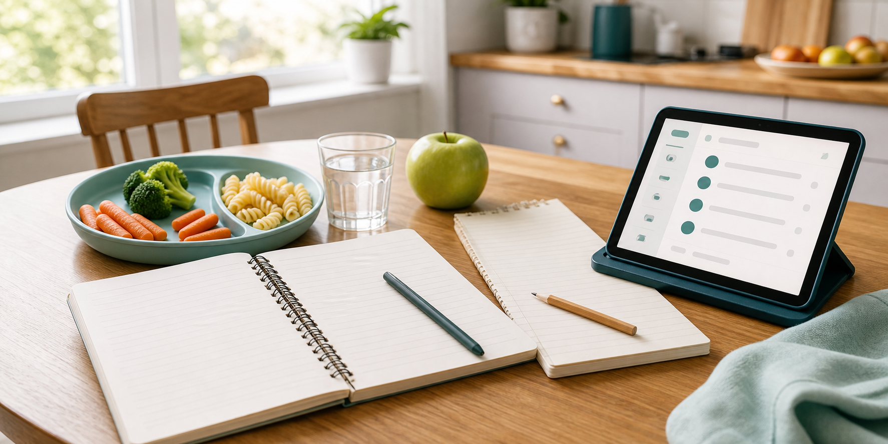Kitchen table with a child lunch plate, blank notebooks, and a tablet-style planner screen.